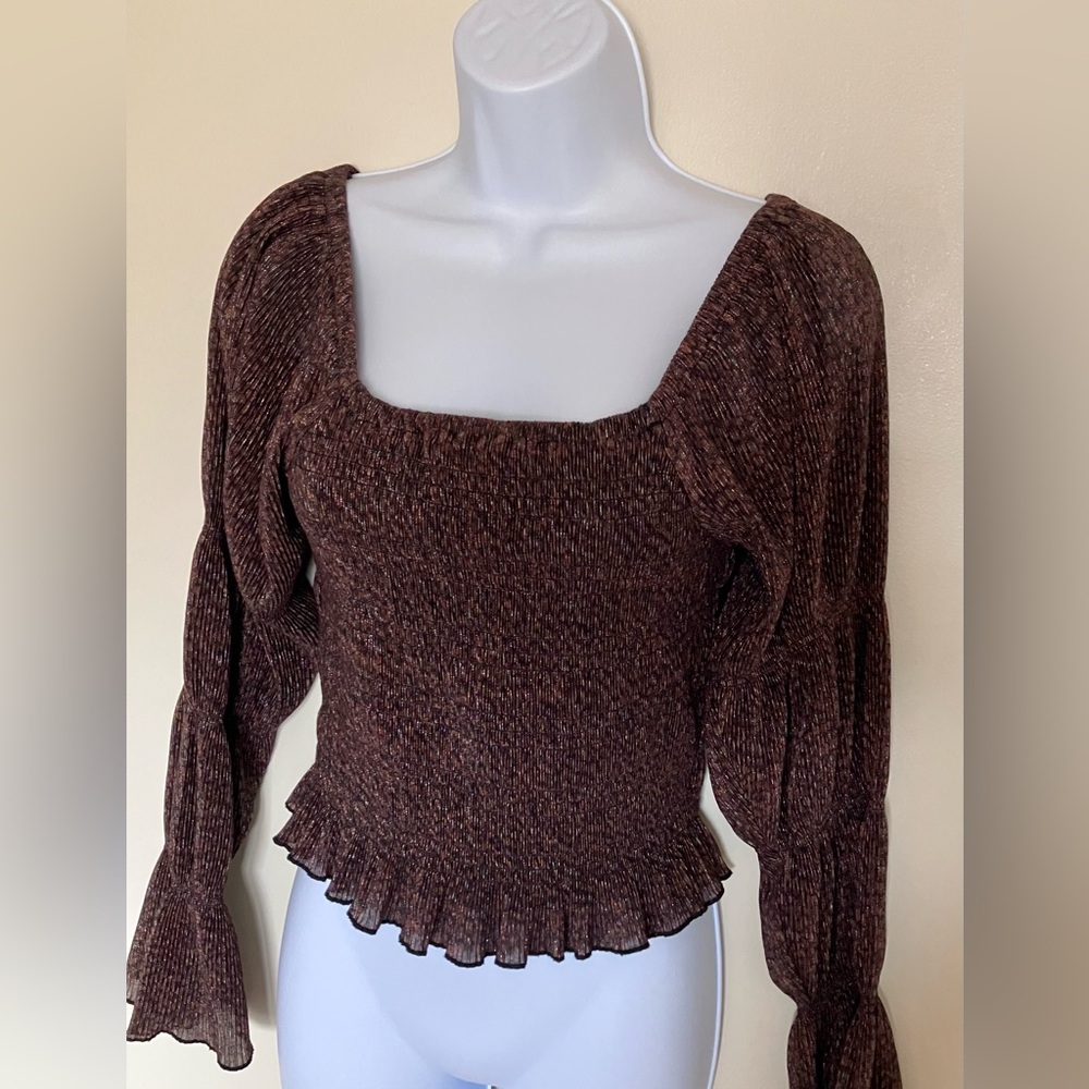Anthropologie Brown Metallic Smocked Puff Sleeved Juliet Top Medium - Picture 2 of 7